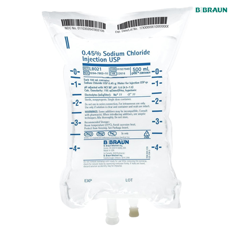 B Braun Sodium Chloride 0.45% IV Infusion, 500ml, 25bottles/carton